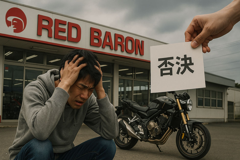 レッドバロンのバイクローン審査に落ちて落ち込む日本人男性。店頭で頭を抱え、「否決」と書かれた書類を突きつけられている場面。背景には店舗とバイクがあり、曇り空が現実の厳しさを演出。